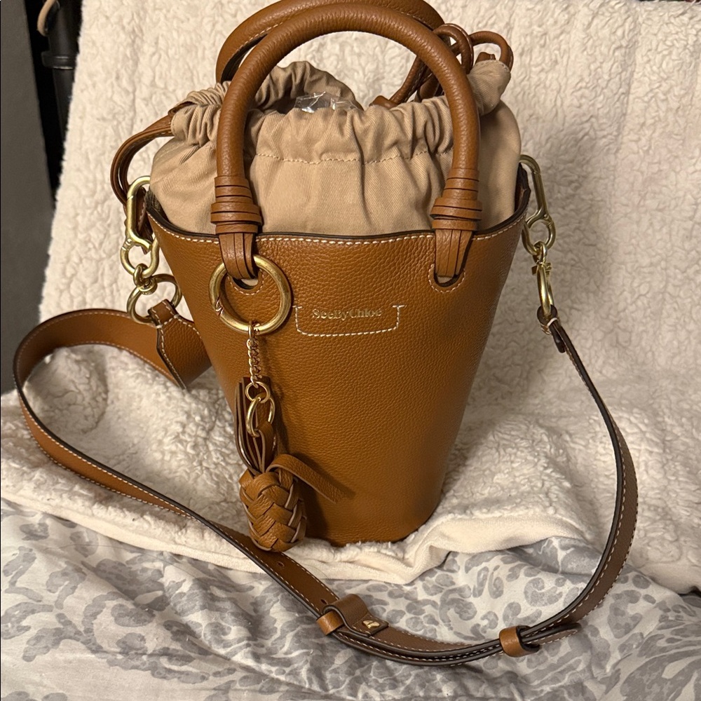 See By Chloe Cognac Tan Leather Mini Bucket Bag with Drawstring